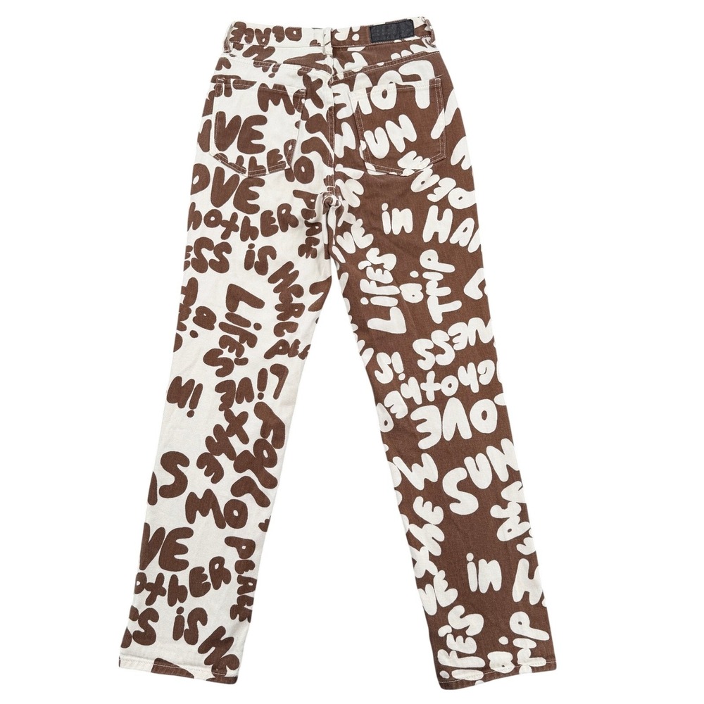 PacSun 25 Dad Jean Brown Graffiti Print High Waisted Straight Leg Button Fly